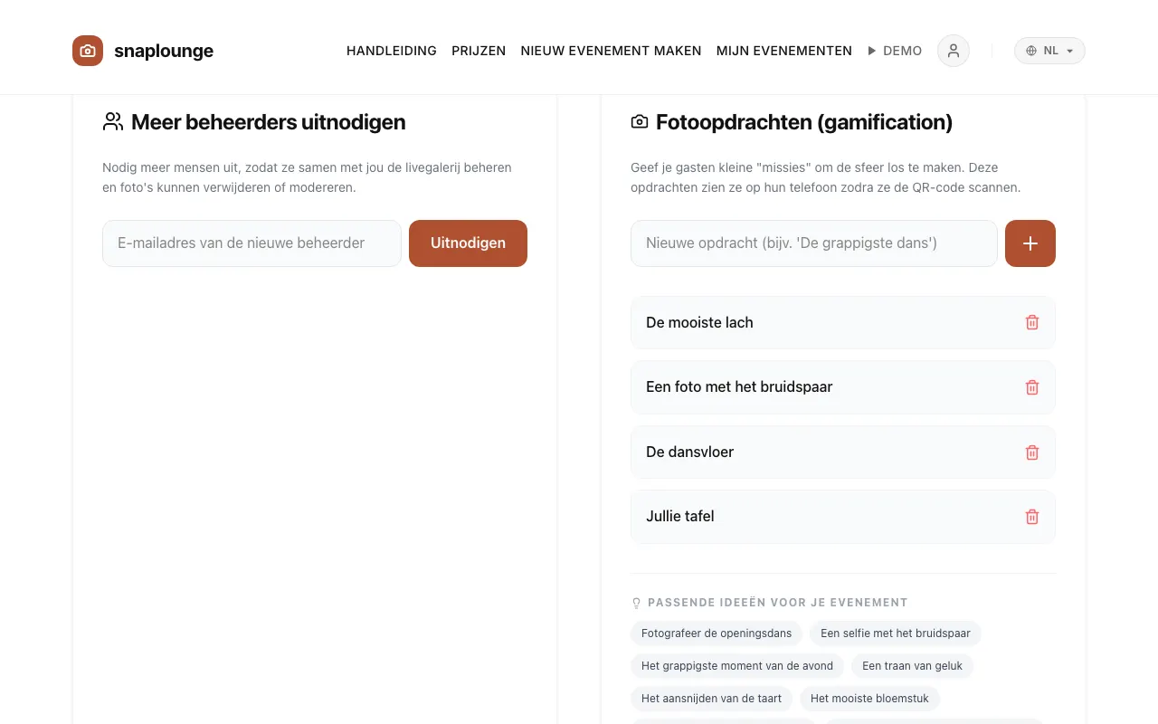 Beeld uit de app: Open het evenementbeheer en scrol naar “Fotoopdrachten (gamification)”.