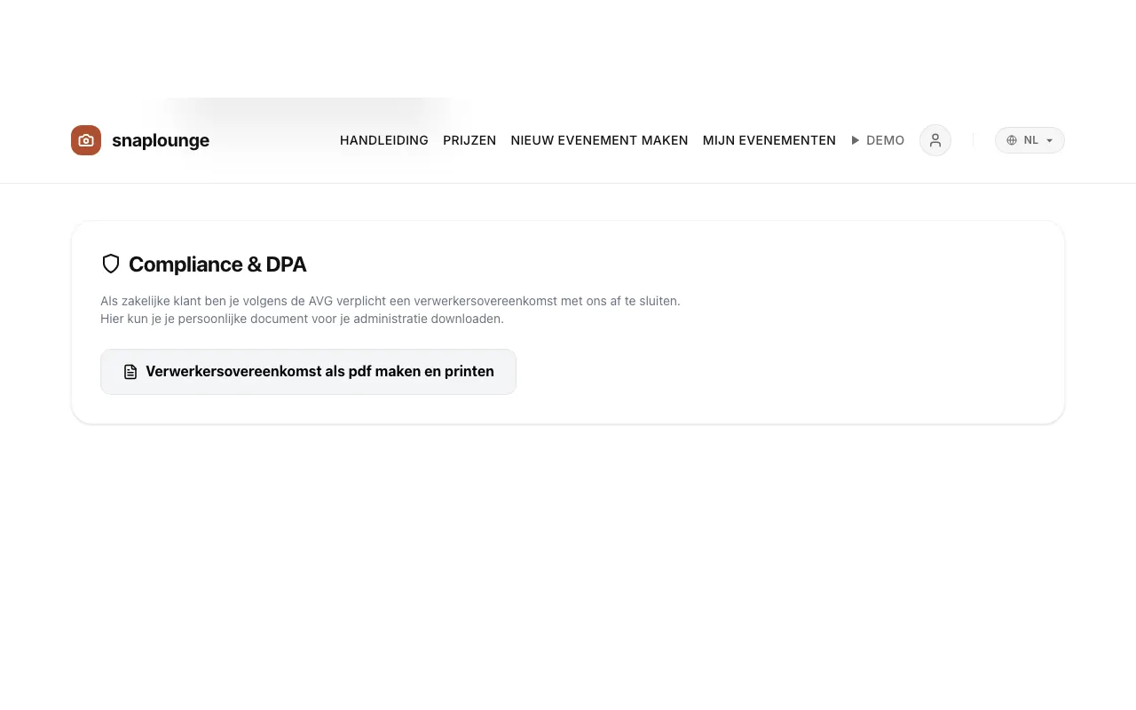 Beeld uit de app: Voor de verwerkersovereenkomst open je het evenementbeheer en scrol je naar “Compliance & DPA”.