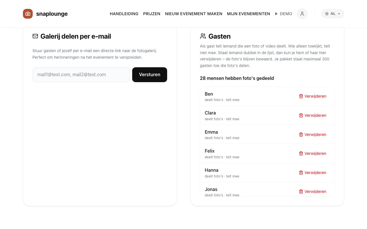 Beeld uit de app: Open het evenementbeheer en scrol naar “Gasten”.
