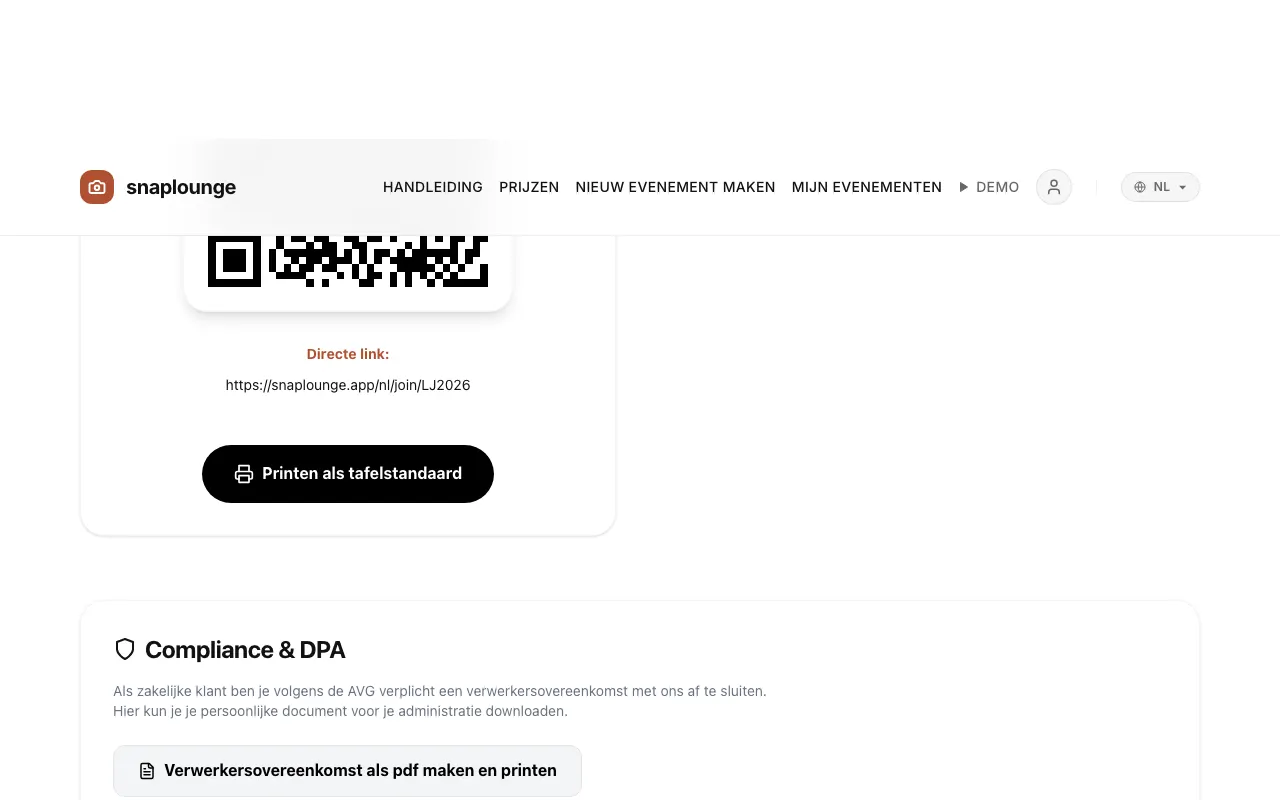 Beeld uit de app: Voor een kant-en-klare tafelstandaard: open het evenementbeheer, scrol naar beneden en tik op „Printen als tafelstandaard“. Er worden evenementnaam, QR-code en een korte zin voor je gasten geprint.