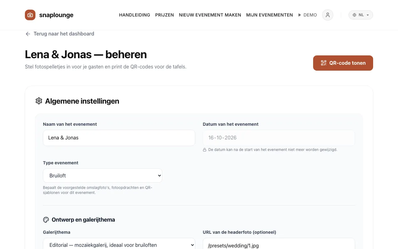 Beeld uit de app: Onder “Algemene instellingen” wijzig je „Naam van het evenement“, „Datum van het evenement“ en „Type evenement“.