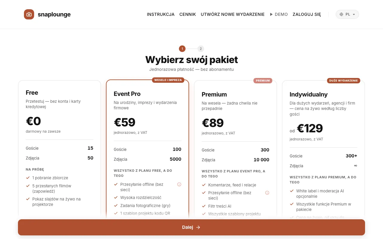 Zrzut ekranu z aplikacji: Wszystkie pakiety i ceny zobaczysz na stronie z cennikiem oraz przy tworzeniu wydarzenia.