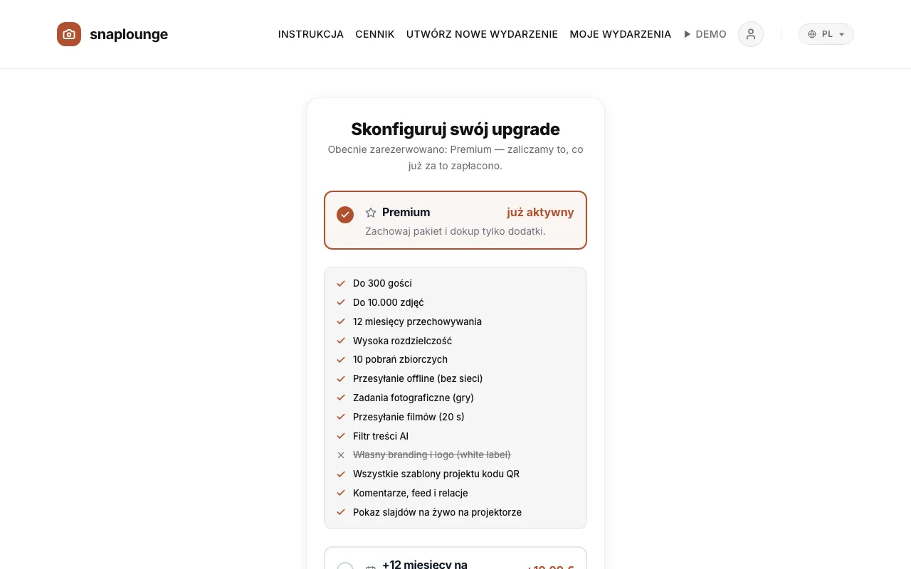 Zrzut ekranu z aplikacji: Przy płatnym pakiecie otwiera się „Skonfiguruj swój upgrade”: wybierz pakiet, a jeśli chcesz, dobierz dodatki – „+12 miesięcy na pobieranie” (19,99 €) albo „+200 gości i miejsce” (14,99 €).