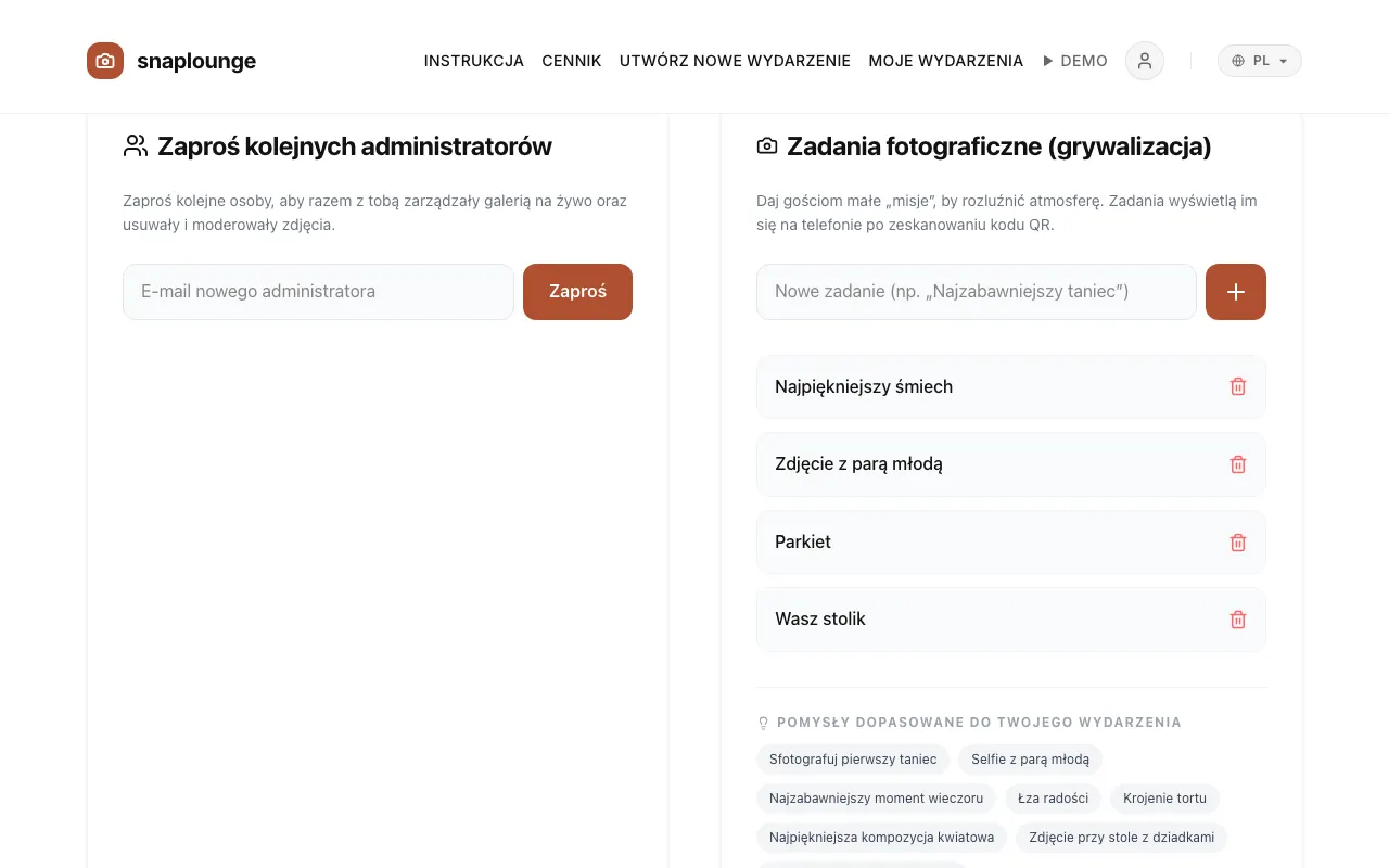 Zrzut ekranu z aplikacji: Otwórz zarządzanie wydarzeniem i przewiń do sekcji „Zaproś kolejnych administratorów”.