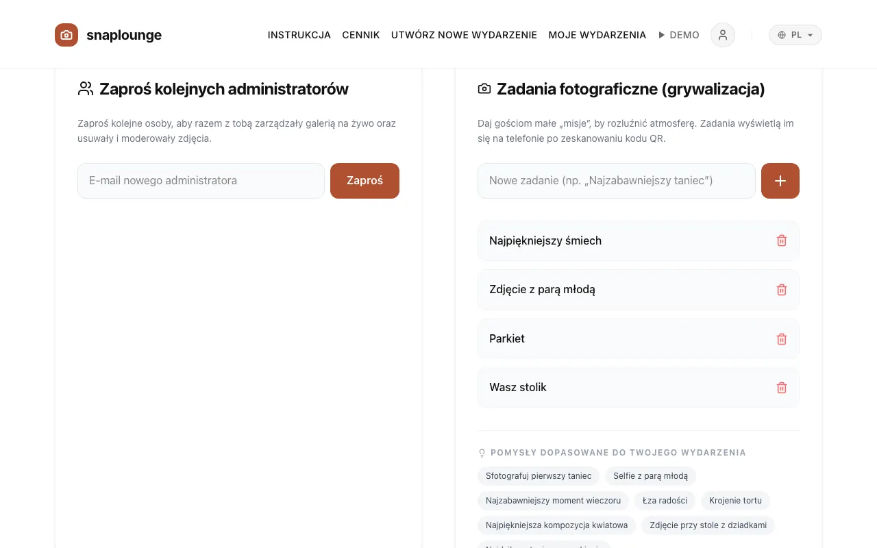 Zrzut ekranu z aplikacji: Otwórz zarządzanie wydarzeniem i przewiń do sekcji „Zadania fotograficzne (grywalizacja)”.