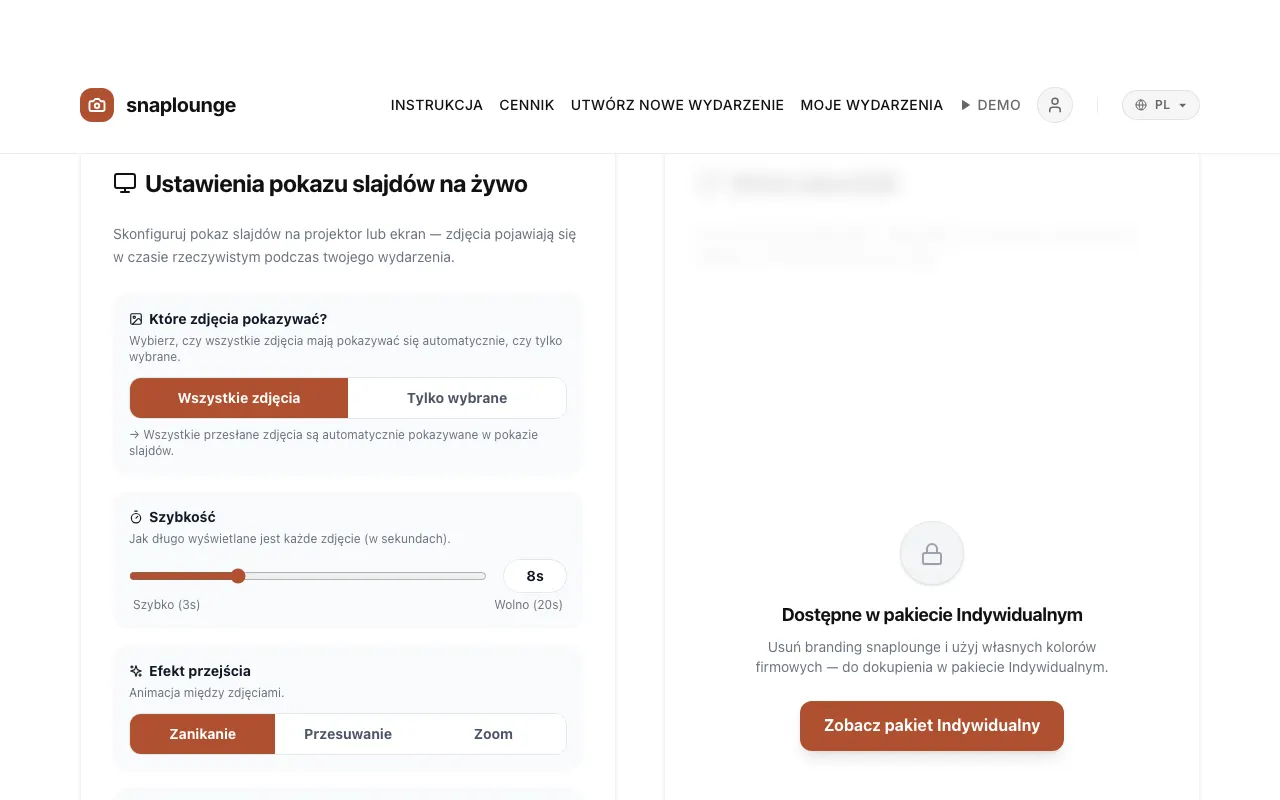 Zrzut ekranu z aplikacji: Wszystko ustawisz w zarządzaniu wydarzeniem w sekcji „Ustawienia pokazu slajdów na żywo”: które zdjęcia lecą, prędkość (3–20 sekund), przejście, nazwa fotografa i wyświetlany kod QR.