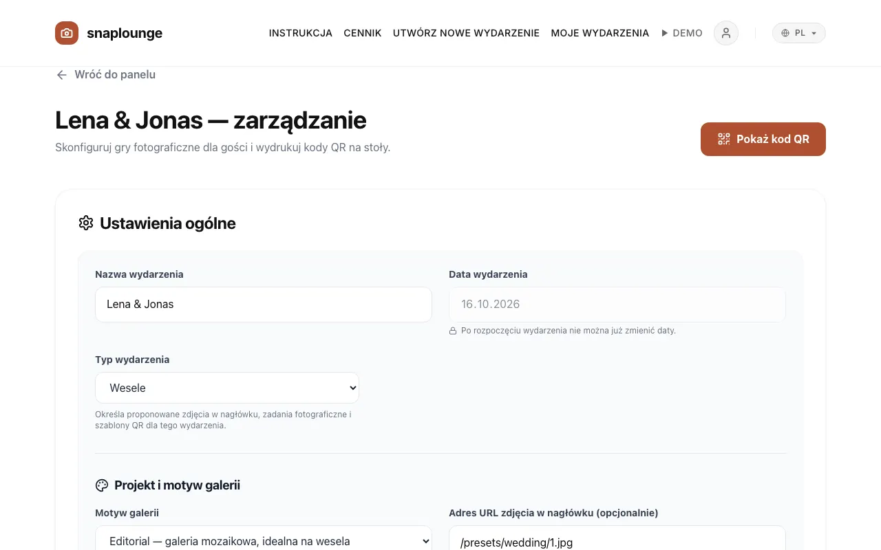 Zrzut ekranu z aplikacji: W sekcji „Ustawienia ogólne” zmieniasz „Nazwa wydarzenia“, „Data wydarzenia“ i „Typ wydarzenia“.
